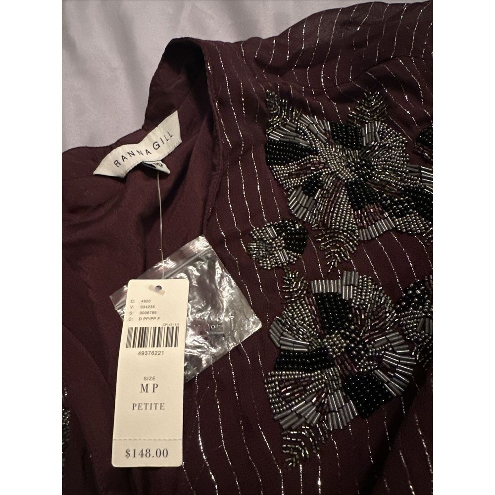 Ranna Gill Cassel Wine Blouse Sz M Petite Anthropologie MSRP $148 Beaded - Picture 4 of 5